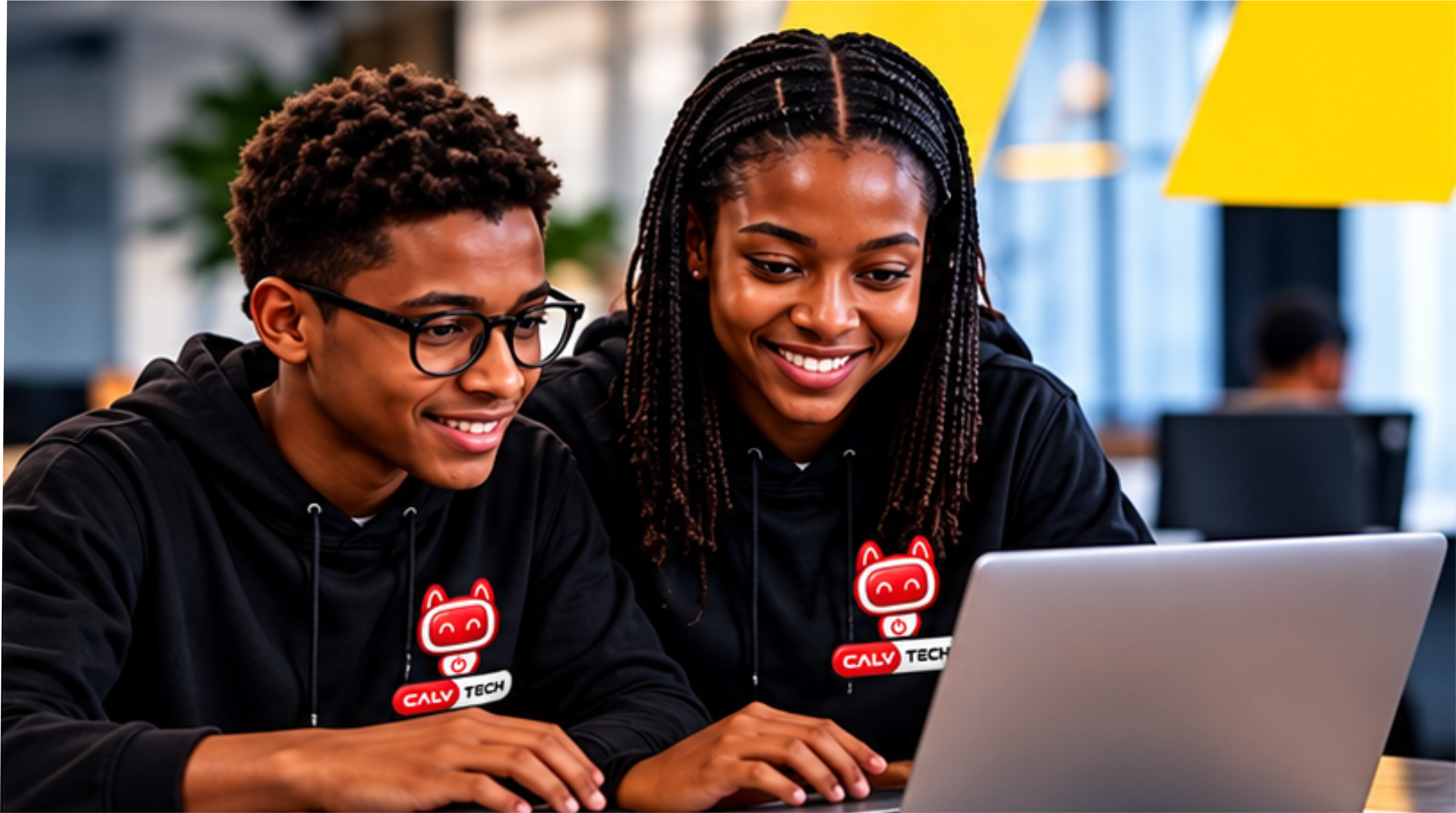 A boy scrolling on a screen beside a girl building a project on a laptop