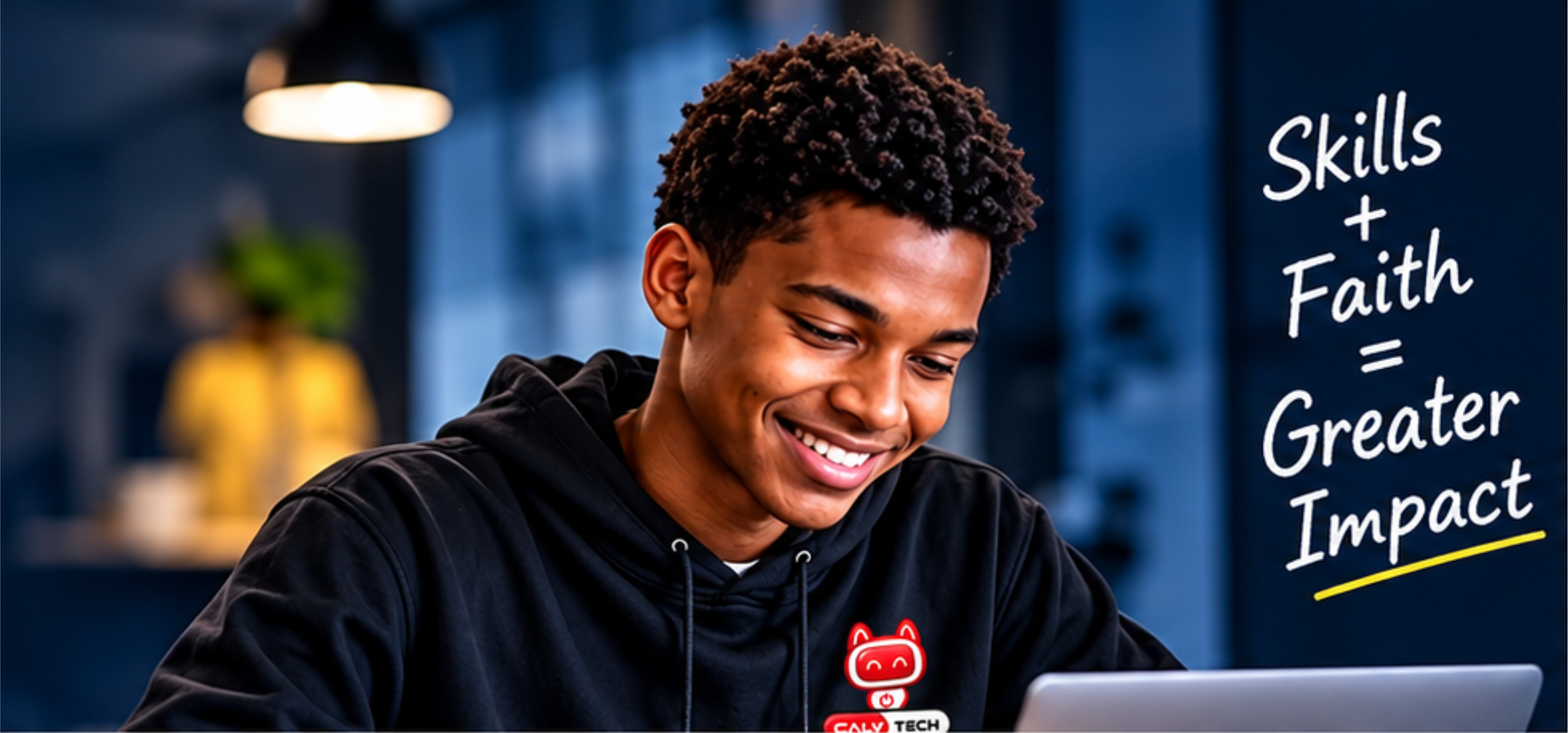 Smiling CalvTech student working on a laptop
